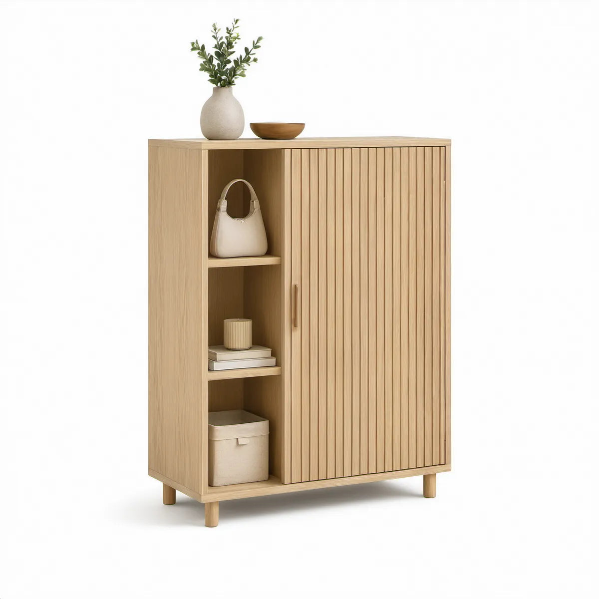 Light Oak Entryway Cabinet with Sliding Fluted Doors and Open Shelves, 80 x 35 x 120 cm