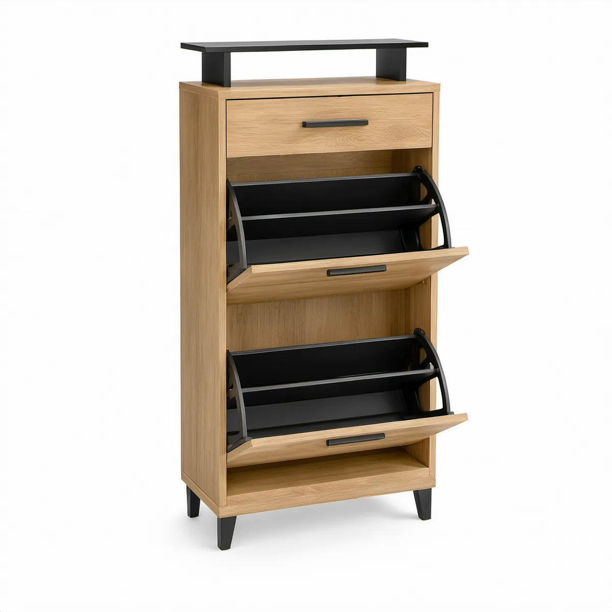 Oak and Black Engineered Wood Storage Cabinet with 2 Tilt-Out Compartments, Drawer, and Shelves, 31.5 x 13.8 x 47.2 in