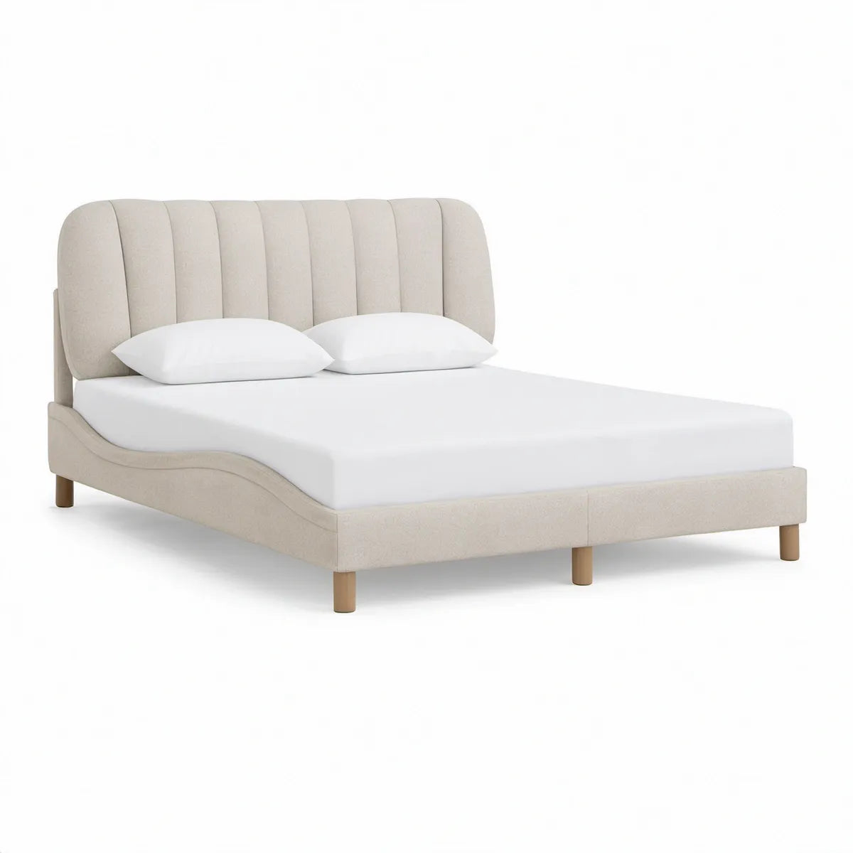 Queen Beige Upholstered Platform Bed with Channel-Tufted Headboard, 88 x 65 x 46 in