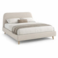 Queen Upholstered Platform Bed Frame, 65 x 88 x 45 in, Curved Beige Polyester Fabric with Natural Brown Legs