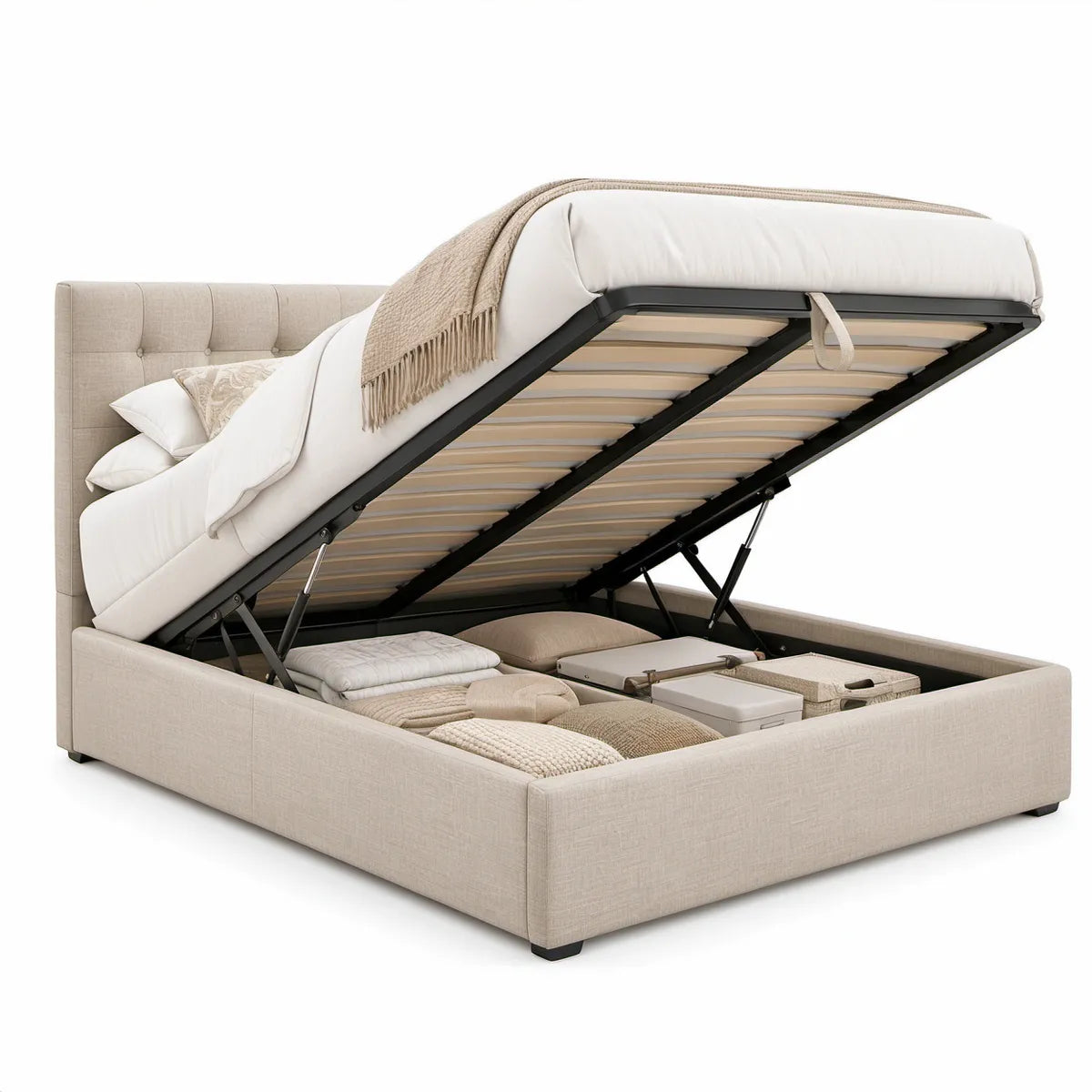 Queen Lift-Up Storage Bed Frame, 60 x 80 in, Beige/Black