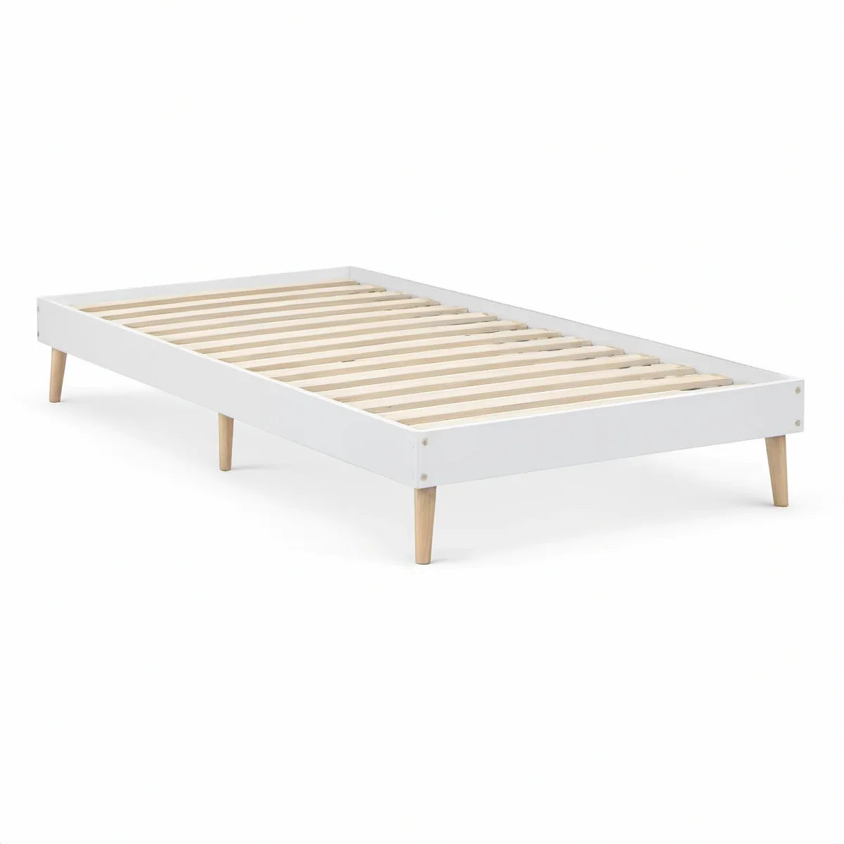 Twin Platform Bed Frame, 39 x 75 in, White with Natural Wood Legs and Slats