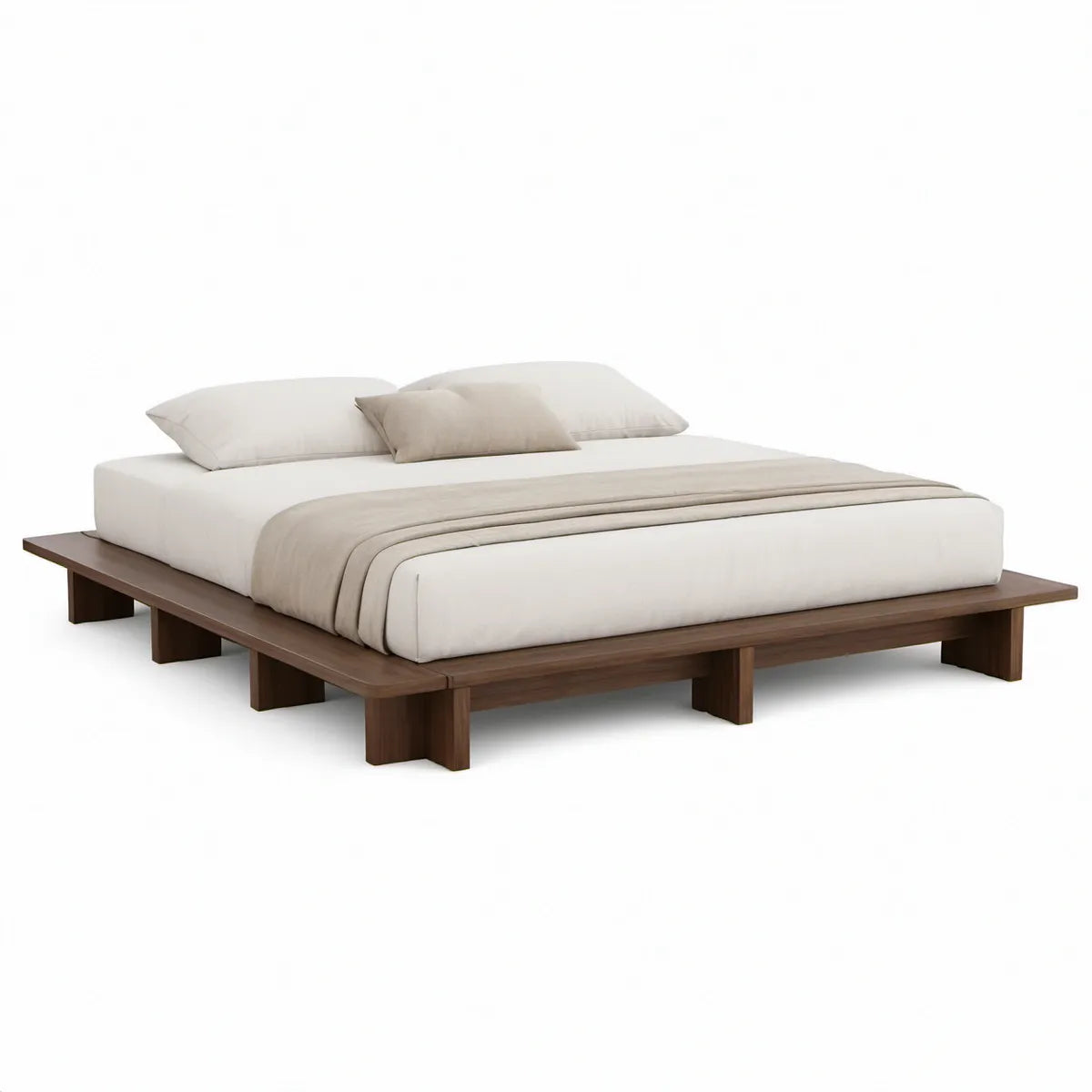 King Size Low-Profile Platform Bed Frame, 86 x 82 x 12 in, Walnut Brown