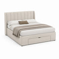 Queen Cream Upholstered Storage Bed Frame with Wingback Channel-Tufted Headboard, 65 x 86 x 50 in