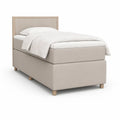 Twin Beige Upholstered Platform Bed with Light Natural Wood Slatted Headboard, 42 x 80 x 48 in