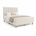 Queen Upholstered Platform Bed Frame with Vertical Channel Headboard, Cream/Natural Brown, 64 x 87 x 48 in