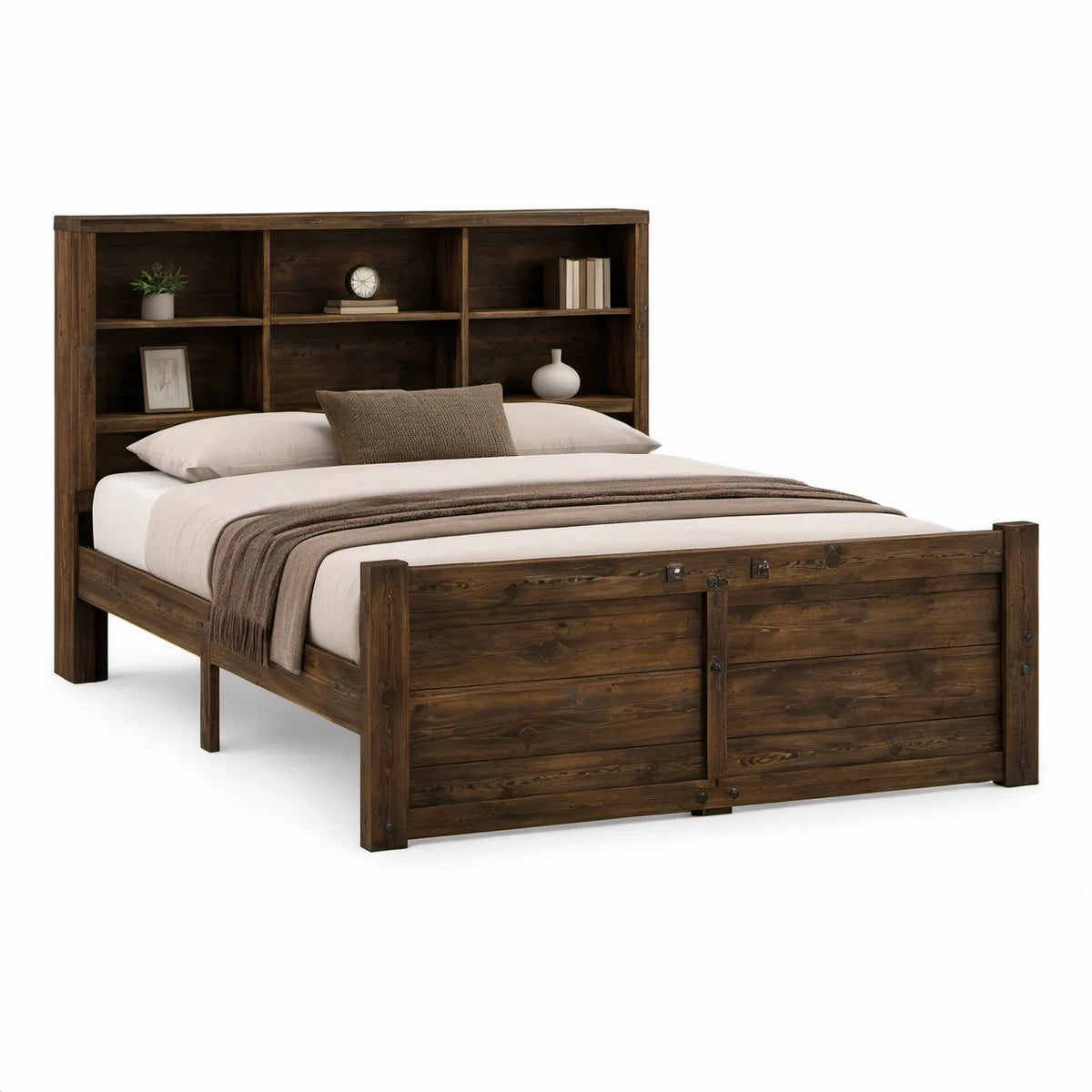 Queen Solid Pine Storage Bed with Bookcase Headboard and Footboard Storage, 66 x 88 x 60 in, Dark Brown