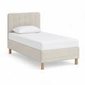 Twin Beige Upholstered Platform Bed Frame with Natural Wood Legs, 79.5 in L x 42 in W x 47.5 in H