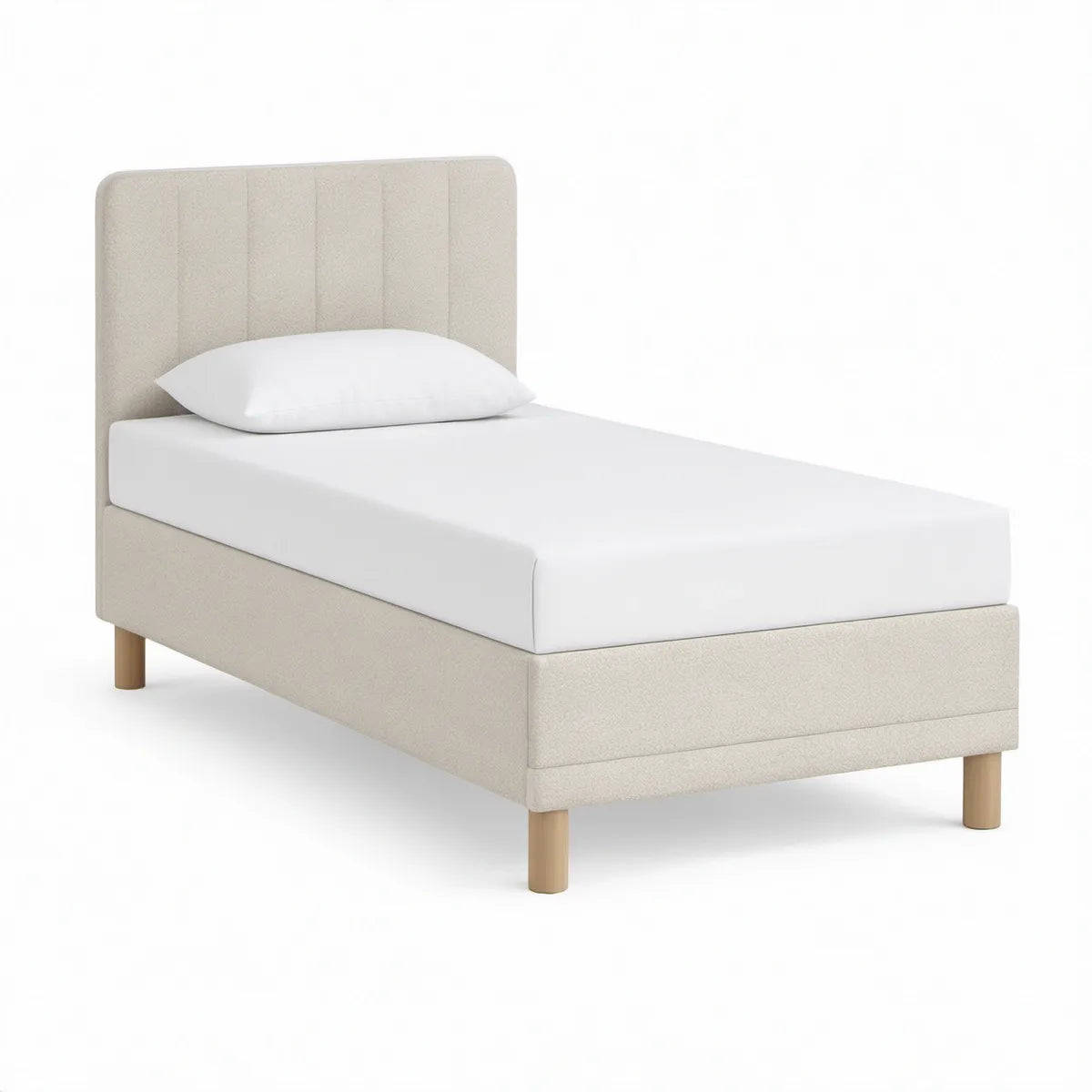 Twin Beige Upholstered Platform Bed Frame with Natural Wood Legs, 79.5 in L x 42 in W x 47.5 in H