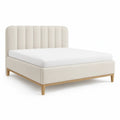 Queen Upholstered Platform Bed Frame, 60 in x 80 in Mattress Size, Ivory with Natural Brown Wood Legs