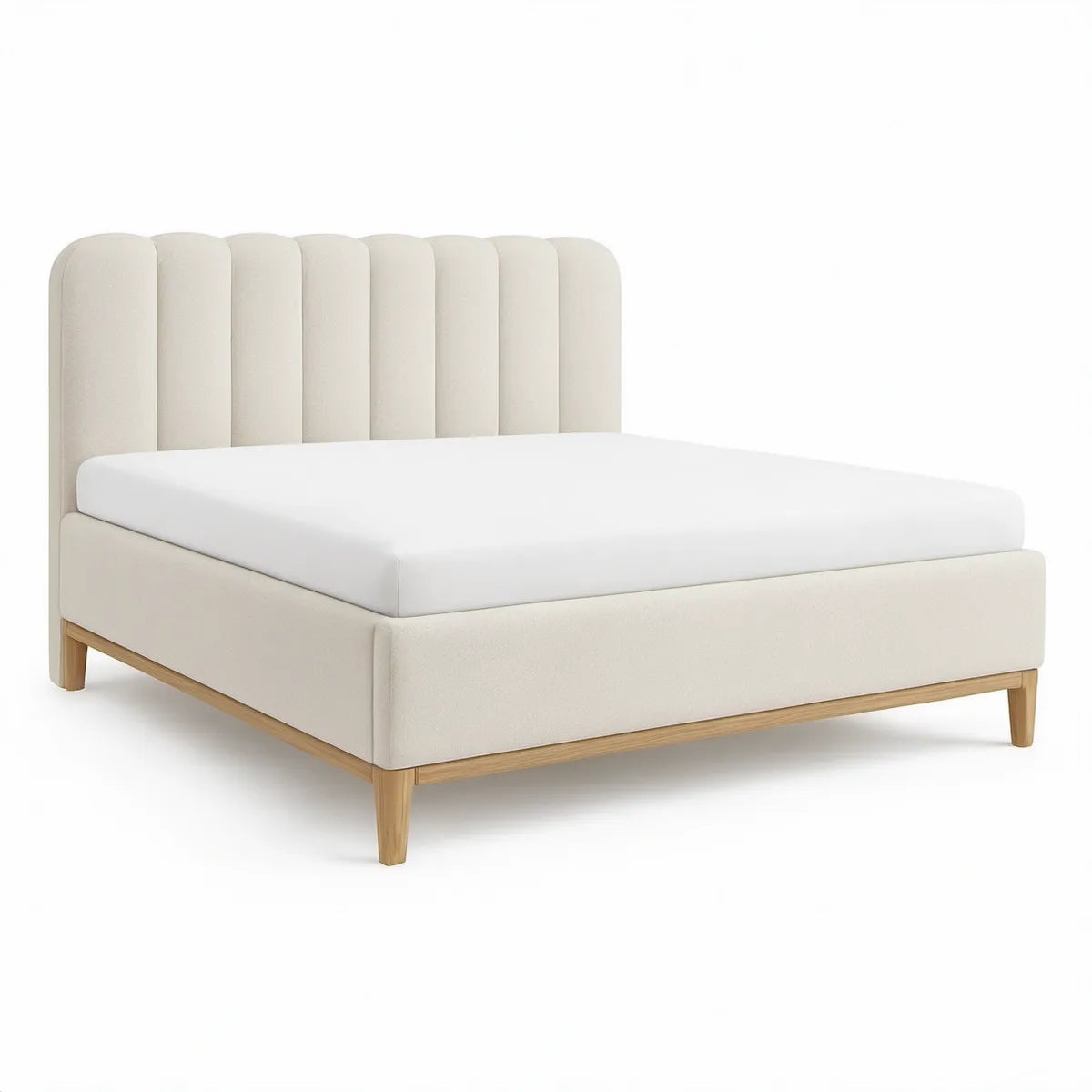 Queen Upholstered Platform Bed Frame, 60 in x 80 in Mattress Size, Ivory with Natural Brown Wood Legs