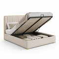 Queen Storage Bed Frame, 83 x 63 x 45 in, Ivory PU Leather with Gold and Black Details