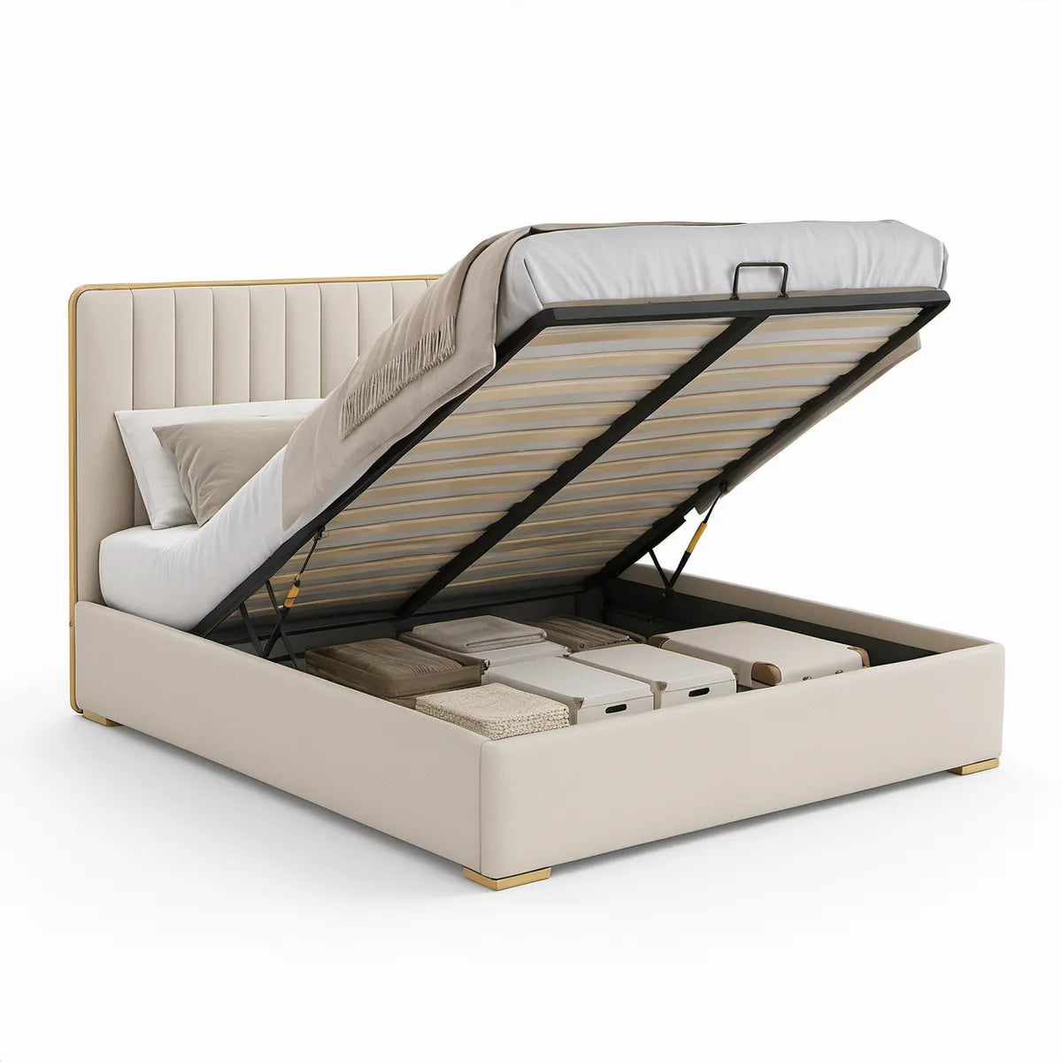 Queen Storage Bed Frame, 83 x 63 x 45 in, Ivory PU Leather with Gold and Black Details