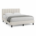Queen Ivory Boucle Upholstered Platform Bed Frame with Channel-Tufted Headboard, 85 x 64 x 51 in