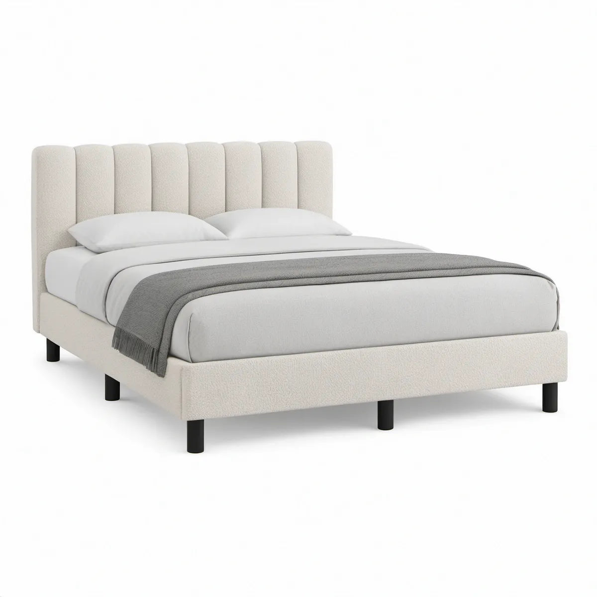 Queen Ivory Boucle Upholstered Platform Bed Frame with Channel-Tufted Headboard, 85 x 64 x 51 in