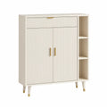 White and Gold Fluted Storage Cabinet with 2 Doors, 1 Drawer and 3 Open Compartments, 31.5 x 15.7 x 47.2 in