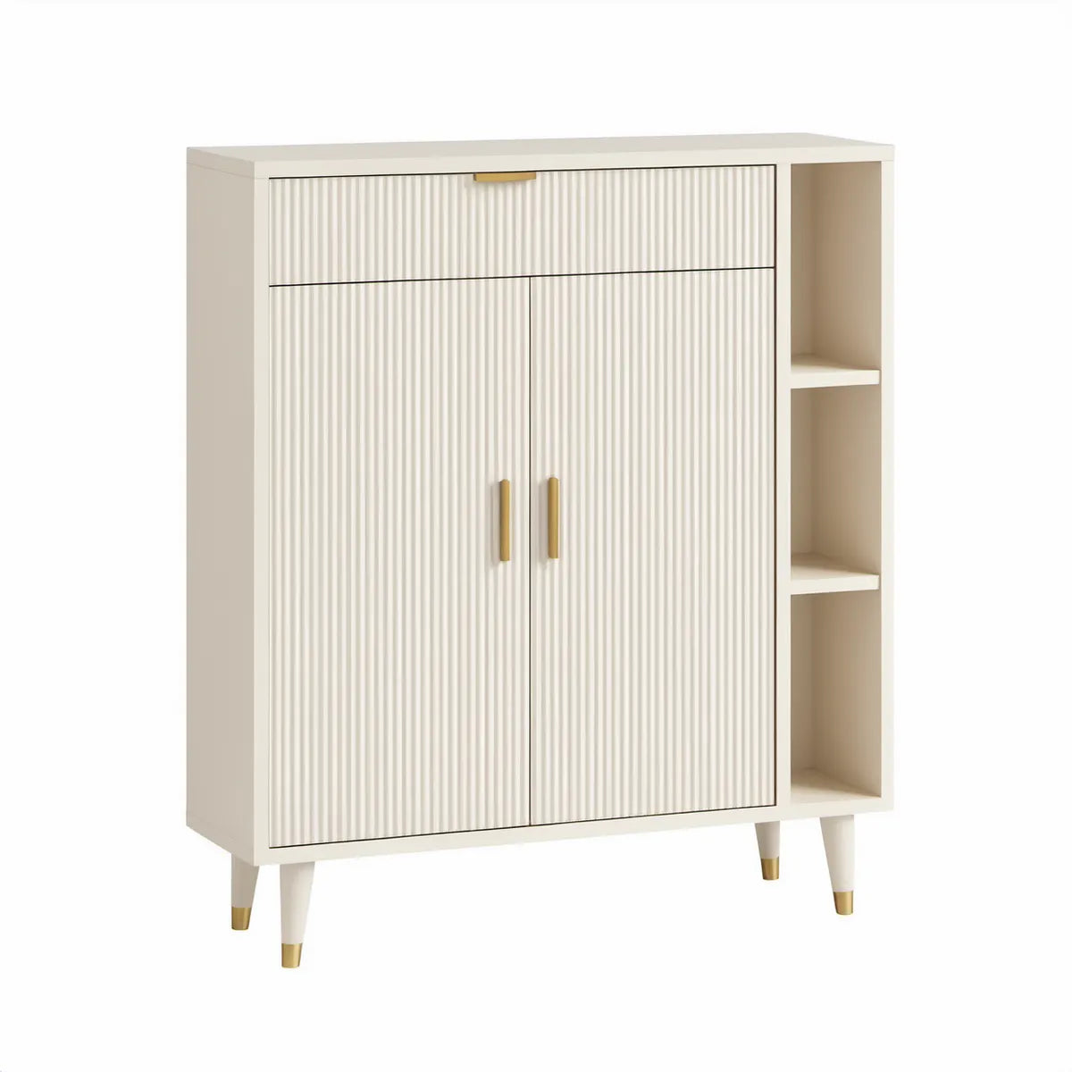 White and Gold Fluted Storage Cabinet with 2 Doors, 1 Drawer and 3 Open Compartments, 31.5 x 15.7 x 47.2 in