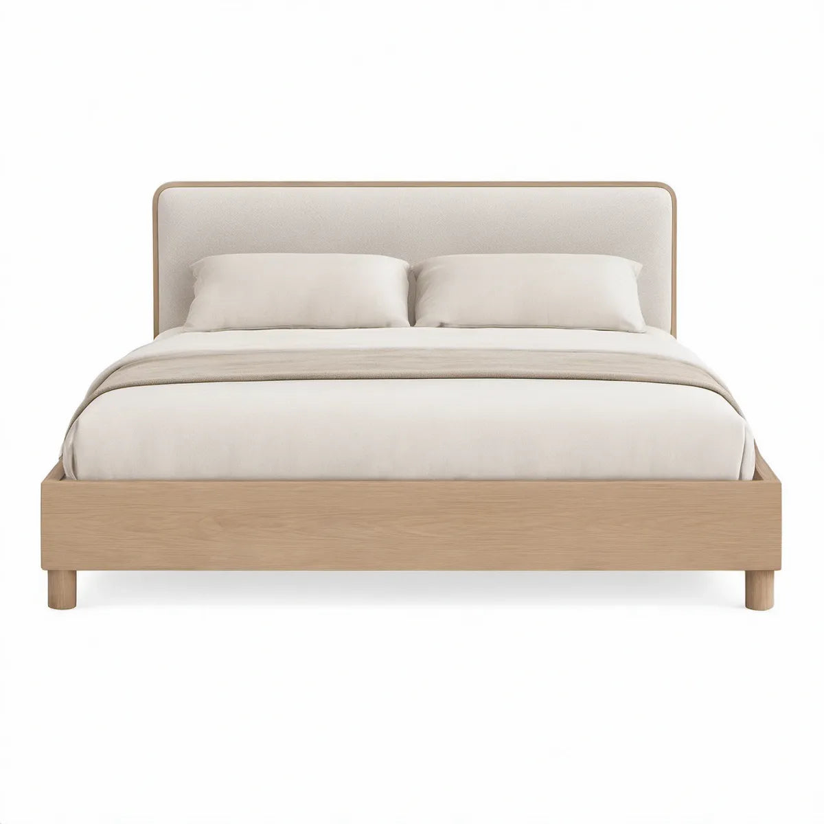 Queen Upholstered Platform Bed Frame, 64 x 85 x 45 in, Beige and Light Oak