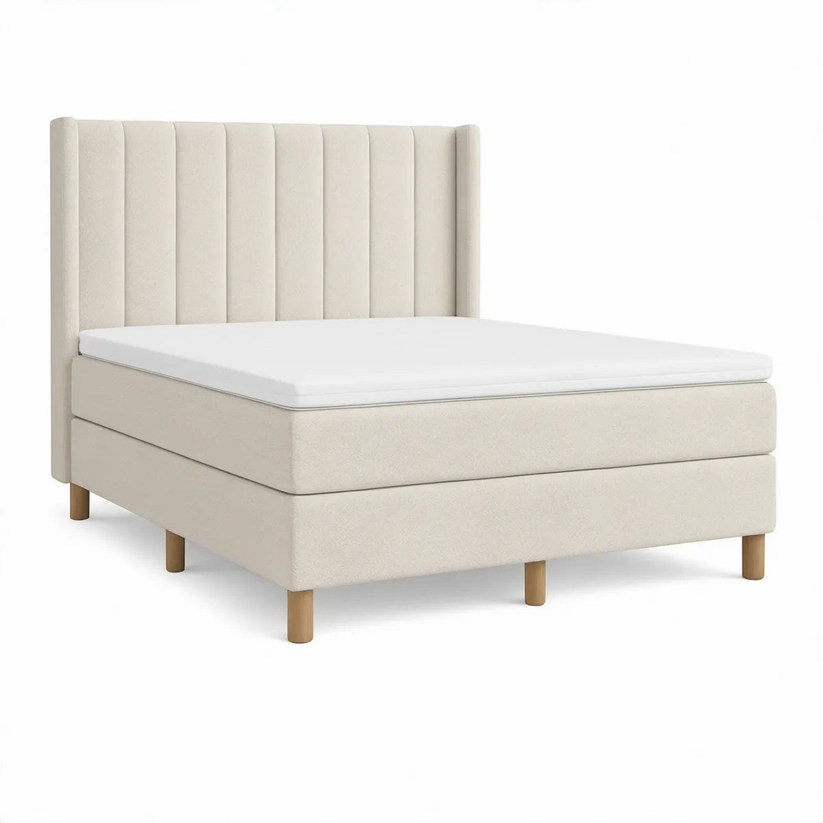 Cream Upholstered Queen Bed with Channel-Tufted Headboard, 65 x 85 x 50 in