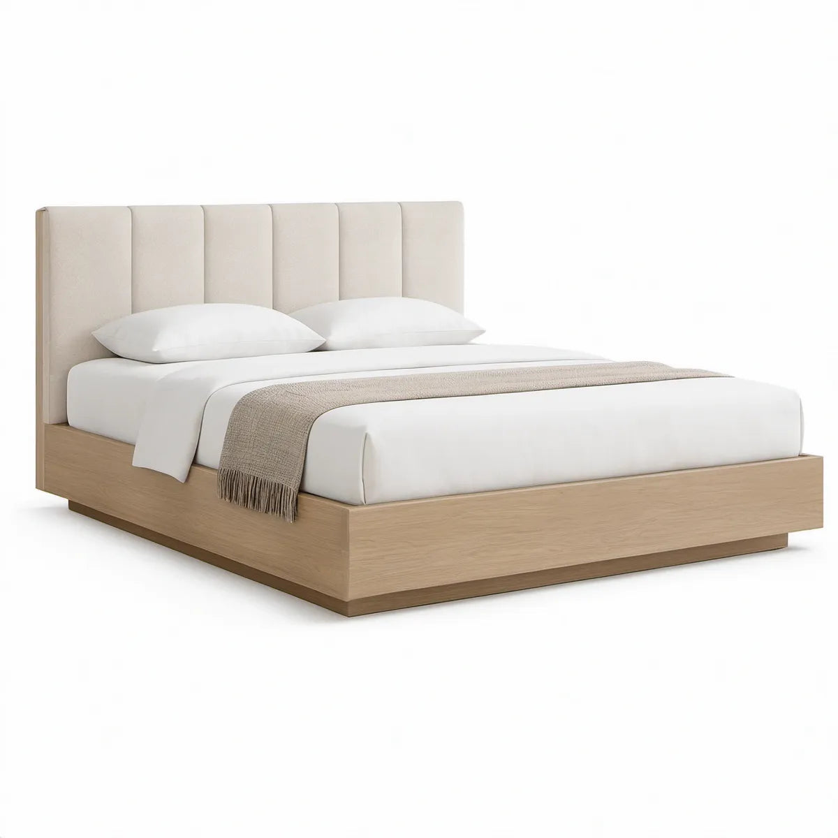 Queen Platform Bed with Upholstered Headboard, Natural Oak/Beige, 64 x 85 x 48 in