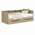 Twin Storage Daybed Frame with Back Shelves and 2 Drawers, 80 x 42 x 31 in, Light Oak